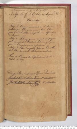 Autógrafo da Lei de 20-10-1827 sobre a Admissão à despacho na Alfândegas do Império os gêneros e mercadorias da Ásia importados por estrangeiros, ou em navios estrangeiros