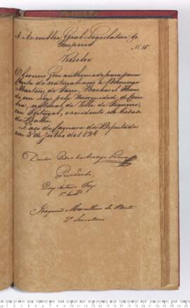 Autógrafo da Resolução de 03-07-1829 sobre a Concessão de Carta de Naturalização a Domingos Martins de Faria